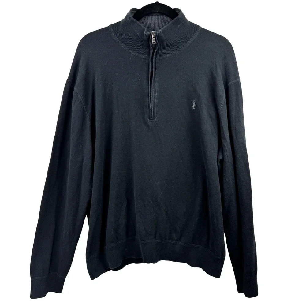 Polo Ralph Lauren Quarter Zip Sweater Mens‎ XXL Black Cotton Knit Pullover Logo
